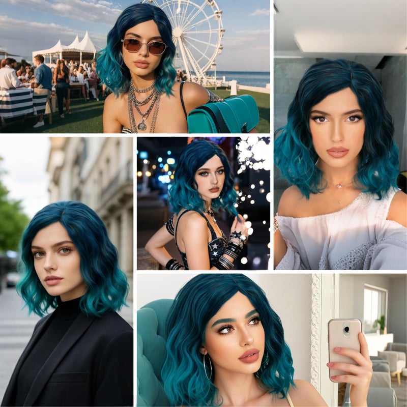 Cying Lin Short Bob Wavy Costume Wig Ombre Blue Wig For Women Cosplay Halloween Wigs Heat Resistant Bob Party Wig Include Wig Cap (Ombre Blue) - Image 2